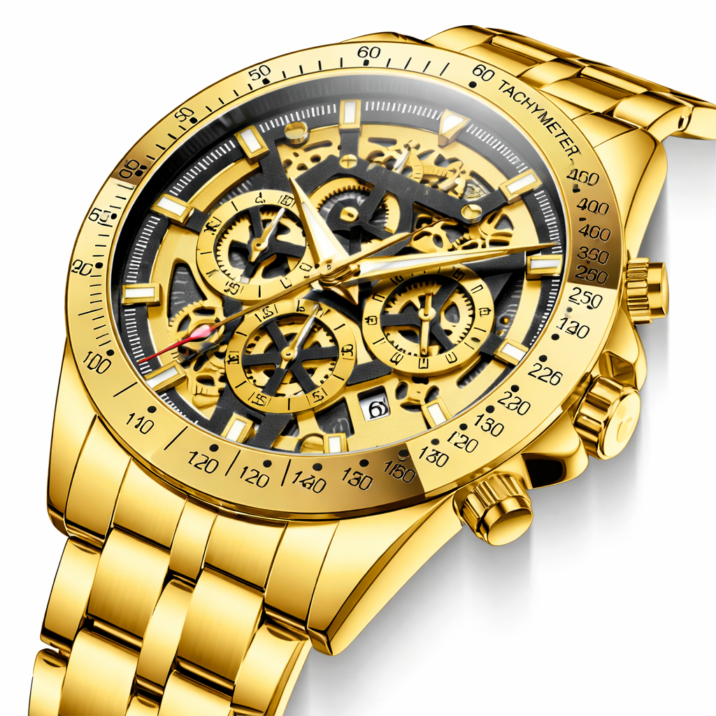 Venezia Luxury Gold & Black Skeleton Chronograph
